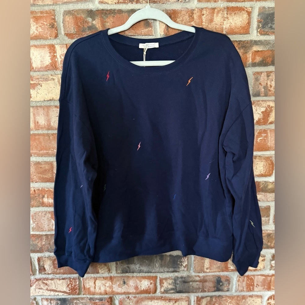 Love Stitch Dark Blue Sweater with embroidered Multicolor Bolt Accents - Picture 2 of 8